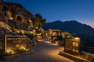 Wide-angle view of the newly developed low-impact visitor infrastructure at the Shah Allah Ditta Caves at dusk, featuring warm zero-UV LED lighting that balances heritage tourism with strict conservation mandates.