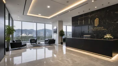 Sophisticated interior shot of a minimalist corporate office lobby in Islamabad with marble floors and a view of the city skyline, reflecting high-value investment.