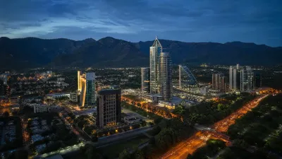 Cinematic aerial panorama of Islamabad’s Blue Area at dusk, showcasing its modern skyline, illuminated commercial towers, winding city roads, and the dramatic Margalla Hills in the distance. Photorealistic documentary photography, natural evening light, authentic urban atmosphere, crisp architectural detail, subtle cinematic contrast, and a refined editorial news-photography aesthetic.