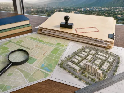 Illustrative planning documents, property maps, a magnifying glass and a folder on a desk, representing property approval and document verification.