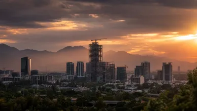 A wide-angle cinematic photograph of the Islamabad Blue Area skyline at sunset, showing modern high-rise buildings and construction cranes silhouetted against a dramatic orange and purple sky with the Margalla Hills in the distance.