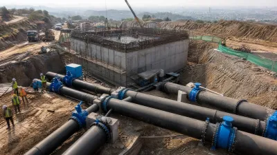 A detailed industrial photograph of a massive water infrastructure construction site in Islamabad, featuring large black pipes, a concrete reservoir structure, and workers in safety gear operating heavy machinery.