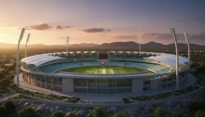 A realistic architectural visualization of the proposed international cricket stadium in Islamabad, nestled at the base of the Margalla Hills.
