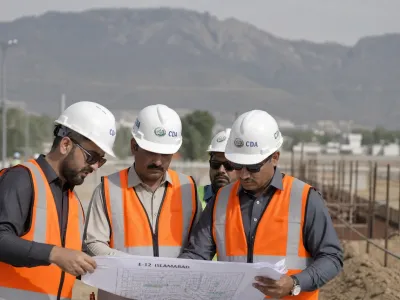 CDA engineers reviewing development plans and site progress in E-12 Islamabad .