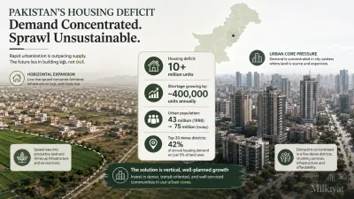 Infographic showing Pakistan’s housing deficit, rapid urban population growth, horizontal urban sprawl, and concentrated housing demand in dense city districts.