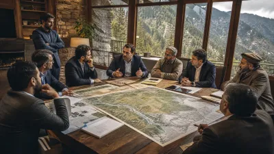 High-stakes professional meeting between real estate developers and local landowners in a mountain lodge overlooking regional maps.