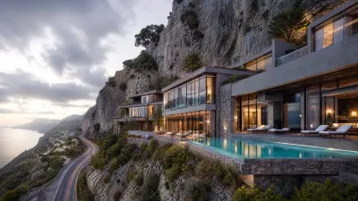 Architectural visualization of a modern luxury boutique hotel nestled into a steep mountain cliffside overlooking a winding highway.