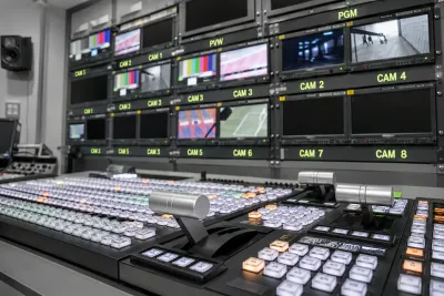 "Television broadcast control room with multiple screens showing test patterns"