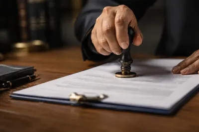 "Official document being stamped, representing regulatory approval process"