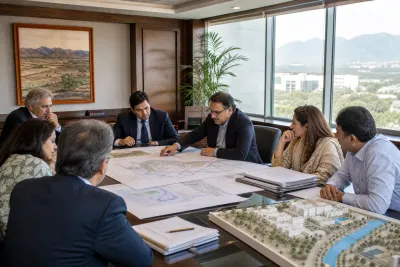 Planning officials reviewing architectural drawings and a city model in Islamabad