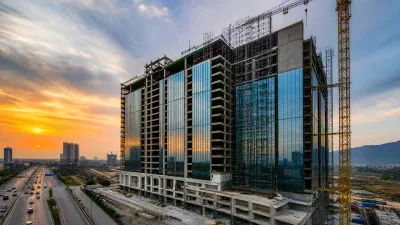 Modern high-rise commercial building under construction along the Islamabad Expressway corridor.
