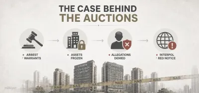 Infographic showing arrest warrants, frozen assets, denied allegations and an Interpol Red Notice linked to the Bahria Town asset auction case.