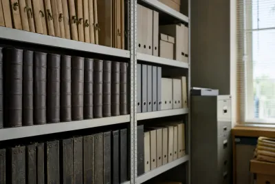 Rows of bound property and land records on office shelving, photographed in natural light.