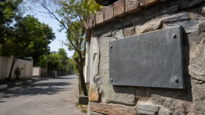 Close-up of a property boundary marker on a stone wall in a residential Islamabad street.