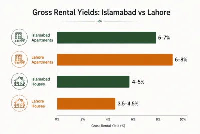 Gross rental yield comparison between Islamabad and Lahore apartments and houses in 2026