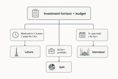 Decision guide showing whether Lahore or Islamabad suits an investor's budget and holding period