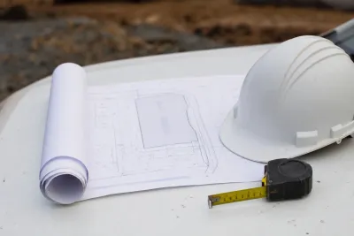 Rolled site layout plan, hard hat, and measuring tape on a table at an outdoor construction site.