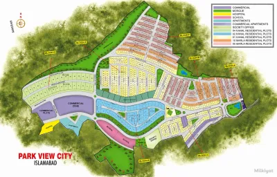 Park View City Islamabad master plan showing residential blocks, commercial areas, apartments, schools, hospital, parks and road network.