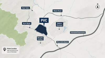 Park View City Islamabad location map showing Malot Road, Kurri Road, Bani Gala and Bahria Enclave