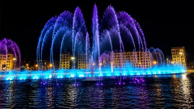 Downtown Park View City Islamabad lake and fountain with weekend visitors