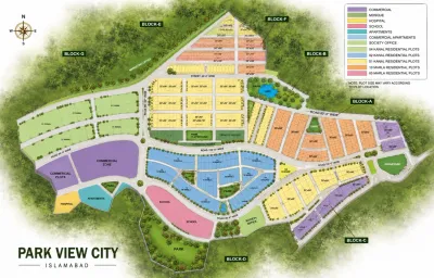 Park View City Islamabad master plan showing Blocks A to J, Overseas Block, Golf Estate and Downtown