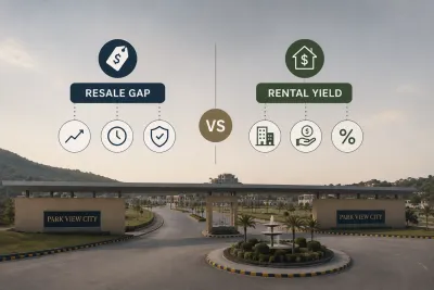 Park View City Islamabad infographic comparing resale gap and rental yield as two separate property investment measures.