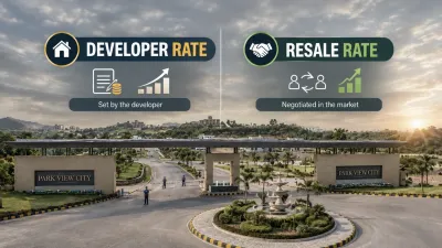 Park View City Islamabad entrance infographic comparing developer rates with resale rates.