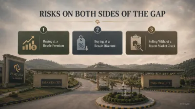 Park View City Islamabad infographic highlighting risks of buying at a resale premium, buying at a resale discount, and selling without a recent market check.