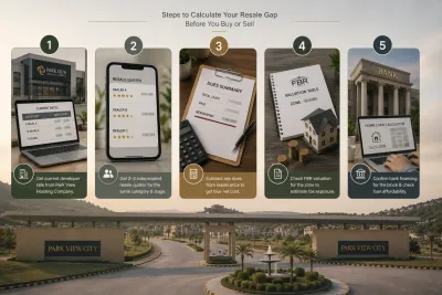 Park View City Islamabad infographic showing five steps to calculate the resale gap before buying or selling a property.