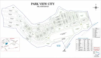Park View City Islamabad master plan showing Blocks A, B, C, H, Overseas Block and Downtown