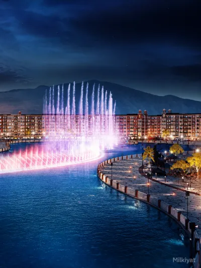 Park View City illuminated waterfront and fountain show at night