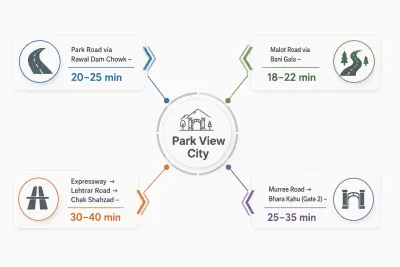Diagram of four routes showing how to reach Park View City Islamabad from Blue Area, Expressway, Chak Shahzad and Bhara Kahu