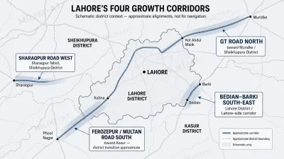 Annotated map of Lahore's peripheral corridors marking which belts fall inside Kasur and Sheikhupura districts