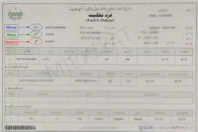Sample fard-e-malkiat document with the mauza, tehsil and district fields highlighted