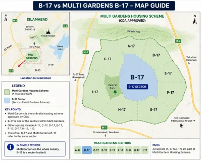 Simplified map showing the relationship between B-17 and Multi Gardens, with surrounding Islamabad sectors and nearby areas for location context.