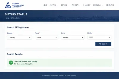 LDA Sifting Status tool showing scheme, phase, sector and plot selection