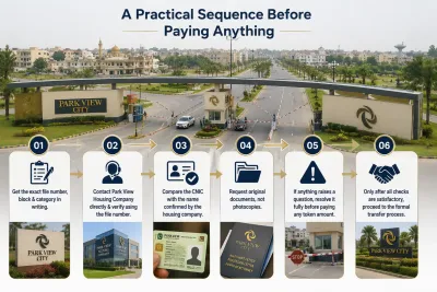 Park View City verification flowchart showing six steps buyers should follow before paying for a property file, from checking file details to completing the formal transfer.