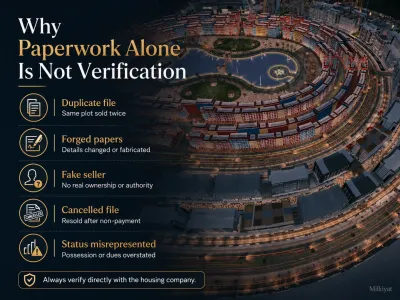 Infographic showing common Park View City property file fraud risks, including duplicate files, forged papers, fake sellers, cancelled files, and misrepresented status.
