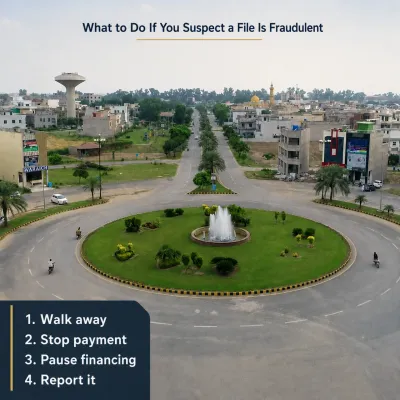 Aerial view of a landscaped roundabout and boulevard in a residential area, overlaid with a short guide titled “What to Do If You Suspect a File Is Fraudulent” and four response steps.
