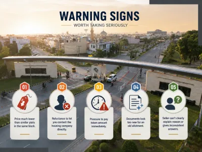 Infographic showing five warning signs in Park View City property file deals, including unusually low prices, refusal to allow direct verification, pressure for quick payment, suspiciously fresh documents, and inconsistent seller explanations.