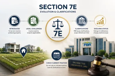 Infographic showing how Section 7E has evolved through legal challenges, FBR clarifications, and changing property tax rules in Pakistan.