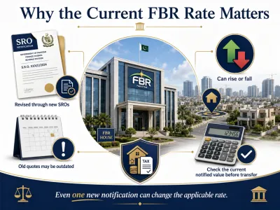 Infographic explaining why the current FBR property valuation rate matters, highlighting revised SROs, changing rates, outdated quotes, and pre-transfer verification.
