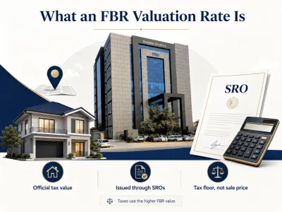 Infographic explaining FBR property valuation rates using an FBR office, SRO document, house, and tax calculation visuals.