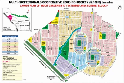 Map of Multi Gardens B-17 Islamabad showing the location of Block F next to Block G and the M-1 Motorway
