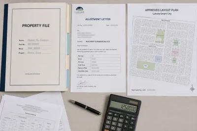 Property file and approved layout documents used to verify a plot purchase in B-17 Islamabad