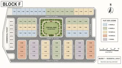 Block F master plan of B-17 Islamabad showing 5 Marla, 8 Marla, 10 Marla, 14 Marla and 1 Kanal plot zones