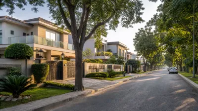 Modern luxury homes along a clean, tree-lined residential street with landscaped gardens and mature greenery in F-11, Islamabad.