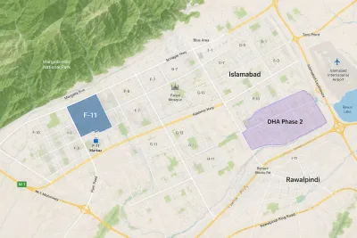 Map of Islamabad and Rawalpindi highlighting F-11 near the Margalla Hills and DHA Phase 2 to the southeast, showing their relative locations and major connecting roads.
