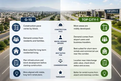 Realistic view of a developing residential area with new construction, completed roads and growing infrastructure in the Islamabad property market.