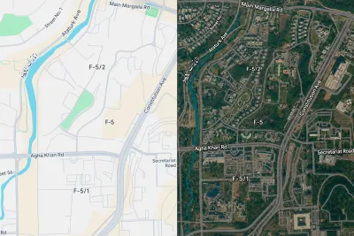 F-5 Islamabad: Map & Satellite View Comparison, A side-by-side view showing F-5/1 and F-5/2, surrounding roads, and key boundaries.